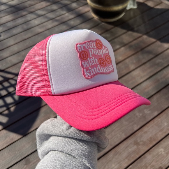 Pink and White Trucker Hat with Treat People with Kindness Patch - Picture 2 of 5